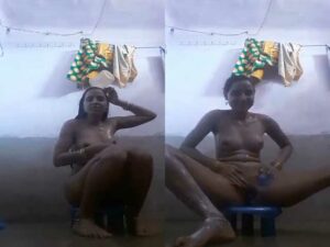 village housewife making her own nude bath