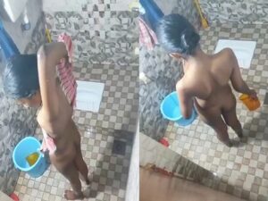 young maid nude bath and drying her body with
