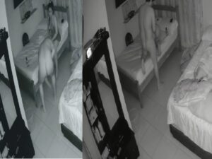 daring couple fucks at night caught on CCTV with son
